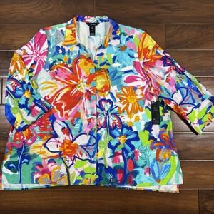 Ali Miles Women's Size 2X Abstract Floral Collared‎ Button Up Tunic Top Shirt